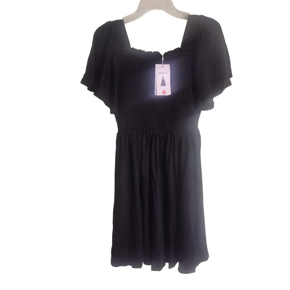 ZESICA Black Smocked Mini Dress Flutter Sleeve Square Neck Size S NEW